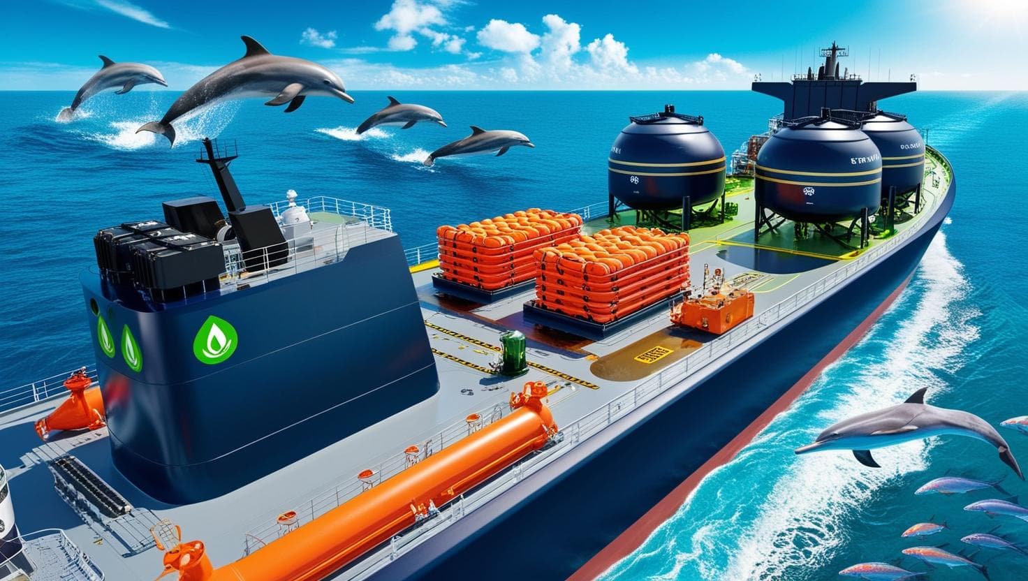 Tanker ship with environmental protection and dolphins