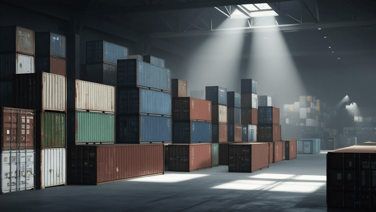 Secure Storage and Warehousing - Warehouse with stacked shipping containers