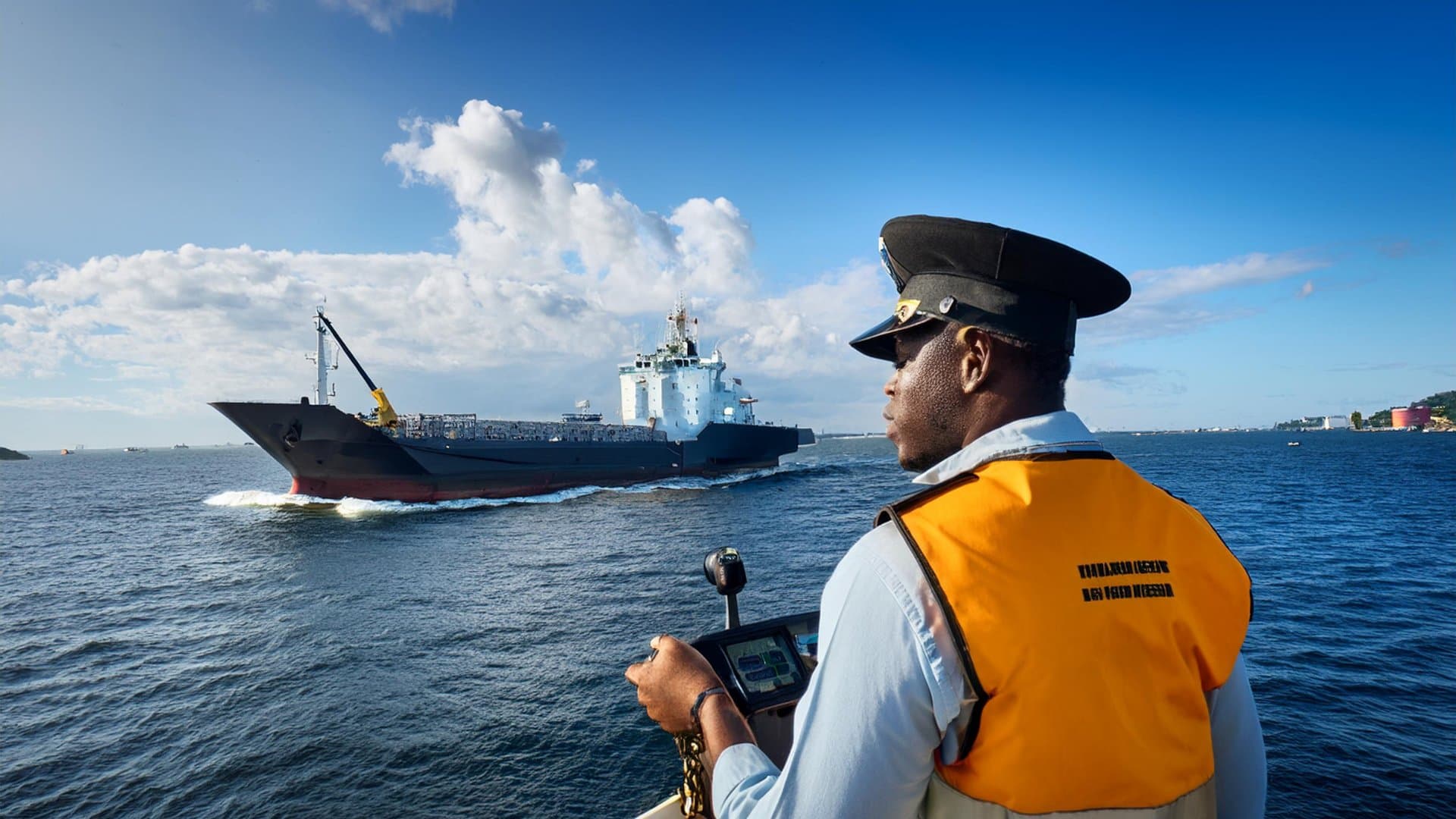Harbor pilot observing ship arrival