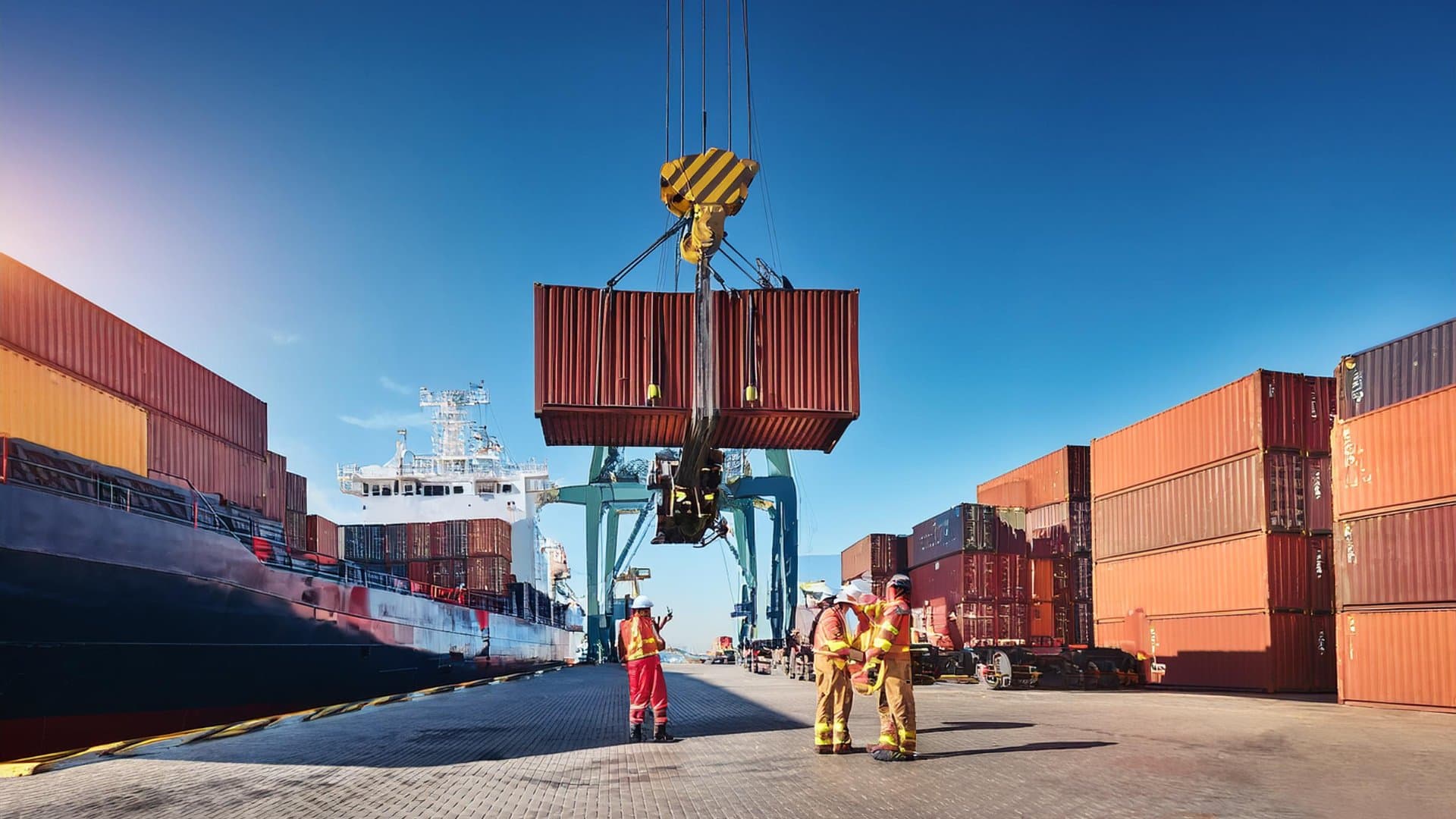 Container being loaded and unloaded at port