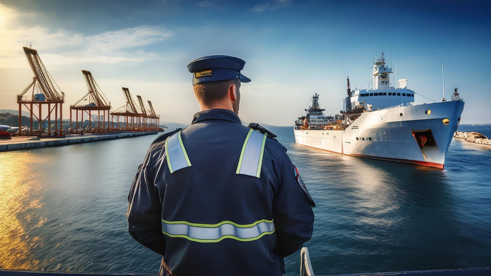 Port security officers monitoring ship arrivals