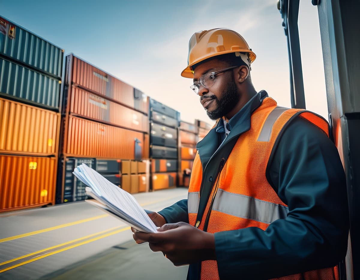 Customs officer checking documents at shipping containers